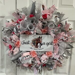 Pink and Gray Horse-Themed Wreath